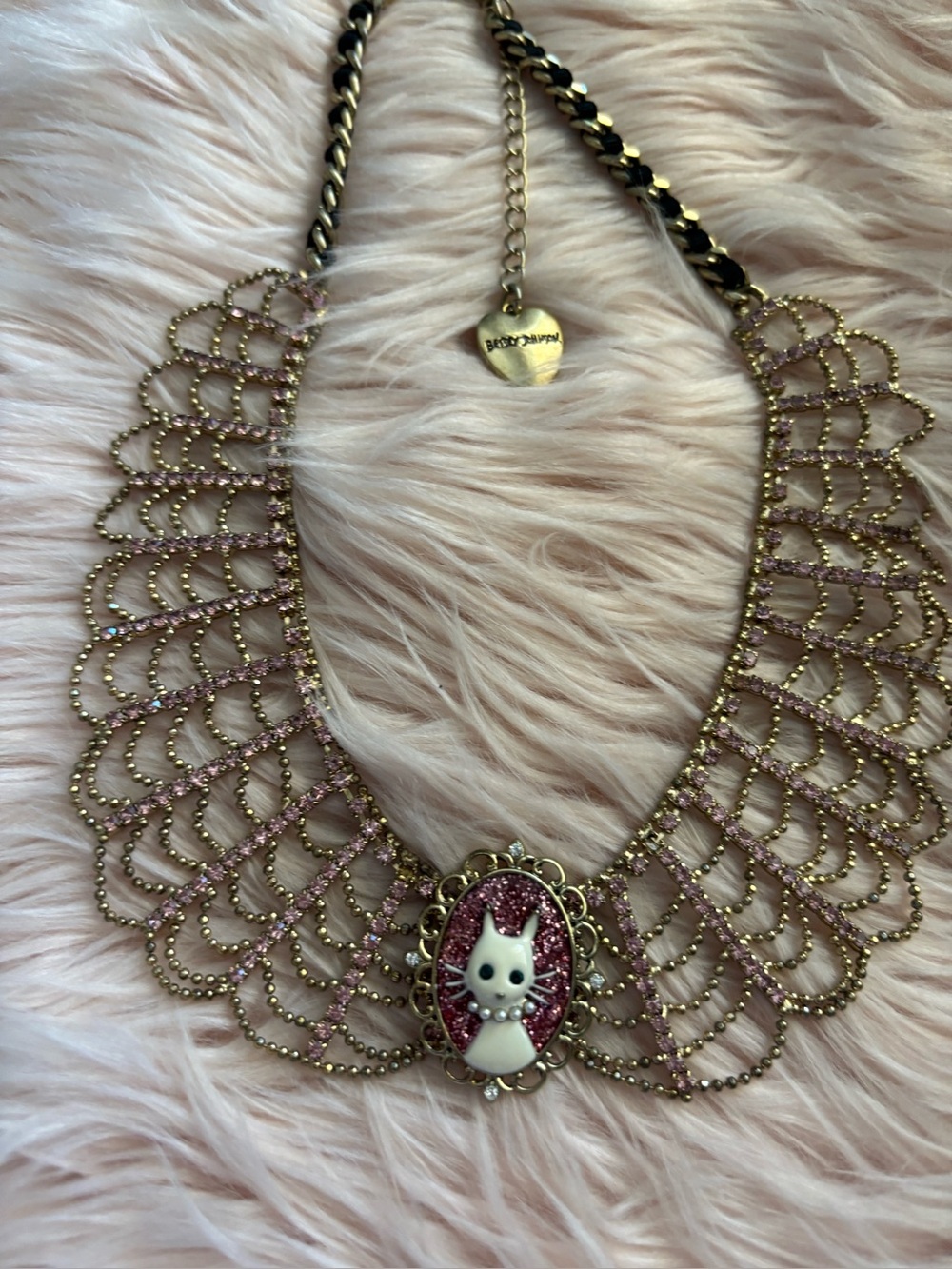 Betsey Johnson Gold-Tone Pink Glitter Cat Cameo Collar Necklace